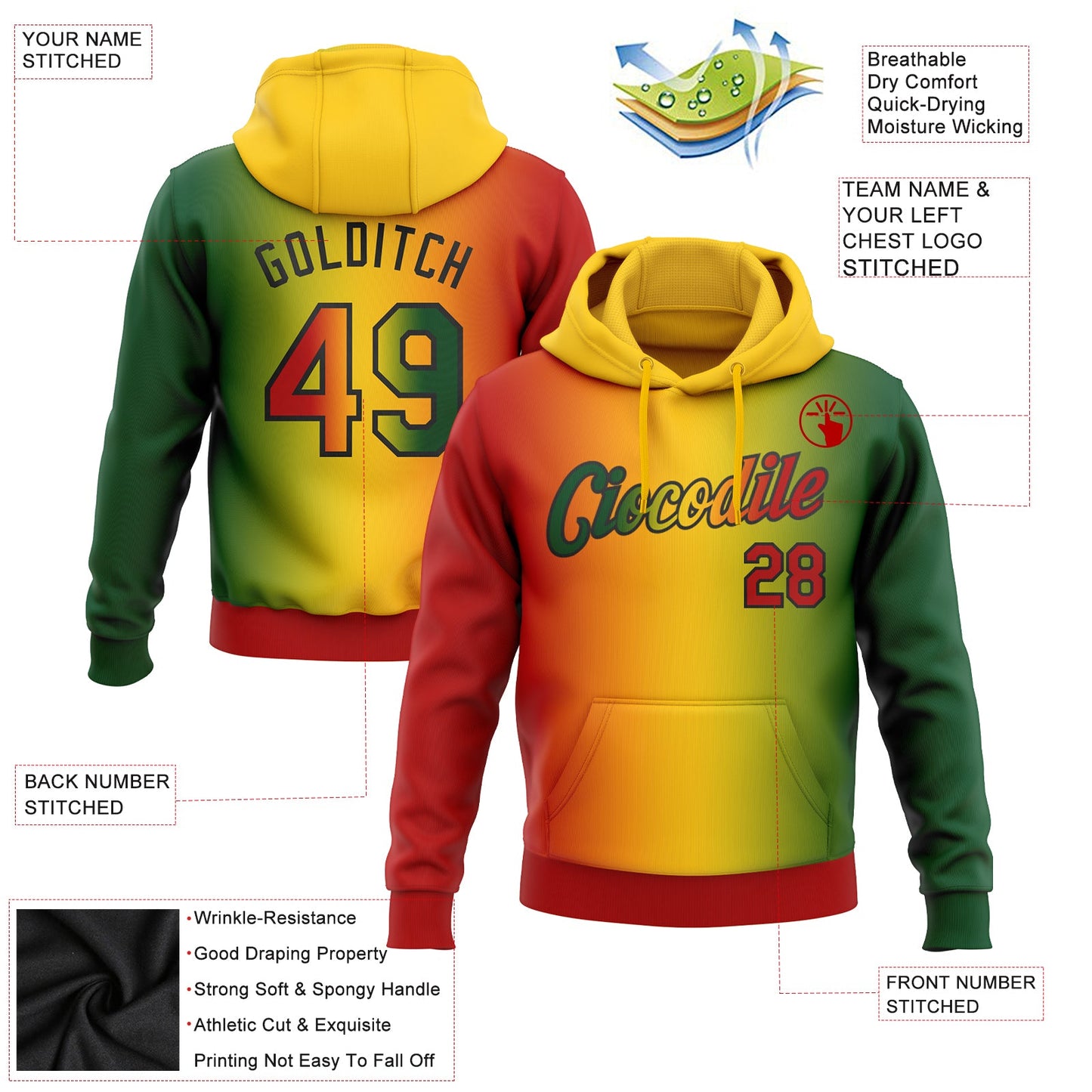 Custom Stitched Green Red Yellow-Black 3D Pattern Design Gradient Fashion Black History Month Sports Pullover Sweatshirt Hoodie view 2