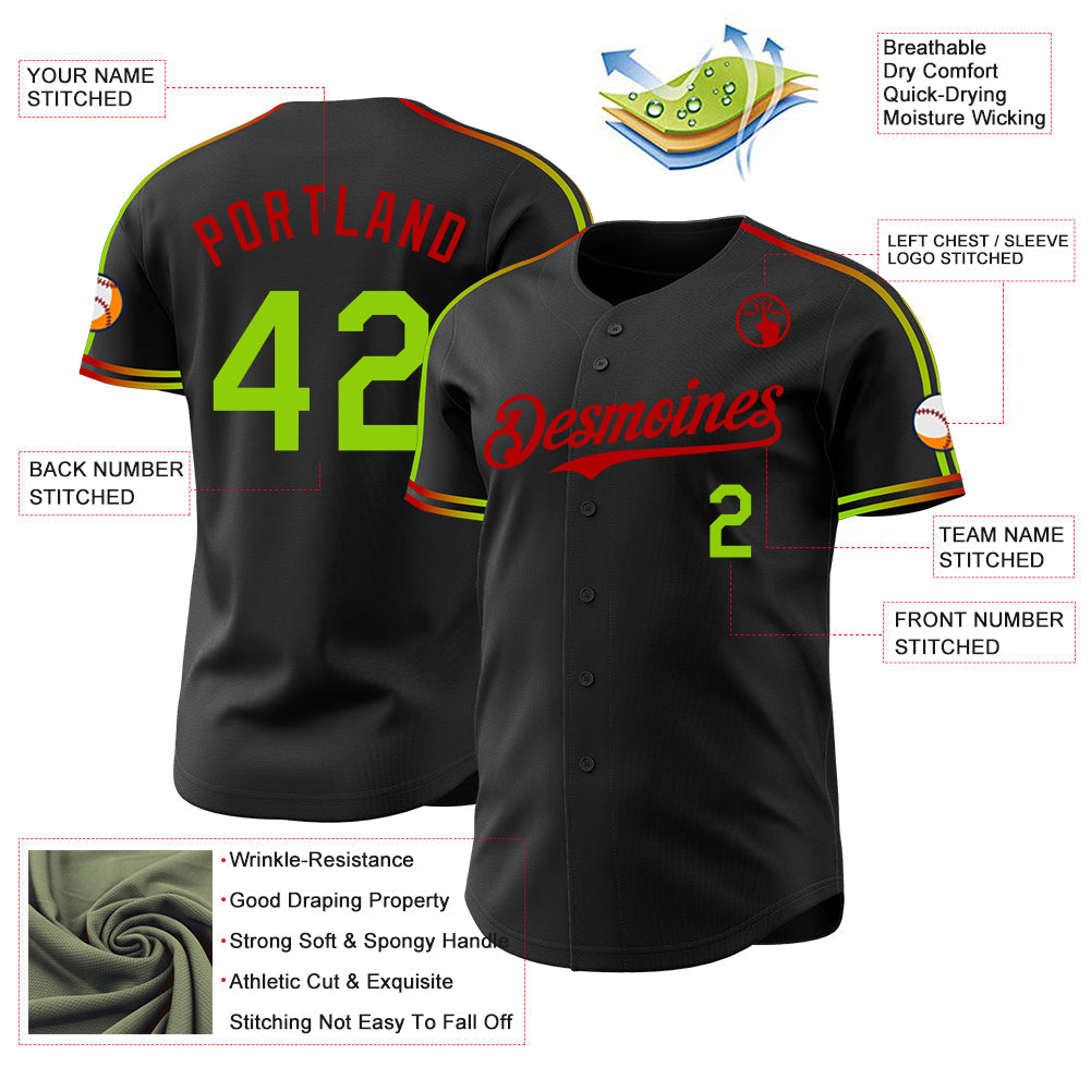 Custom Black Neon Green-Red Raglan Line Gradient Stripe Authentic Baseball Jersey view 4