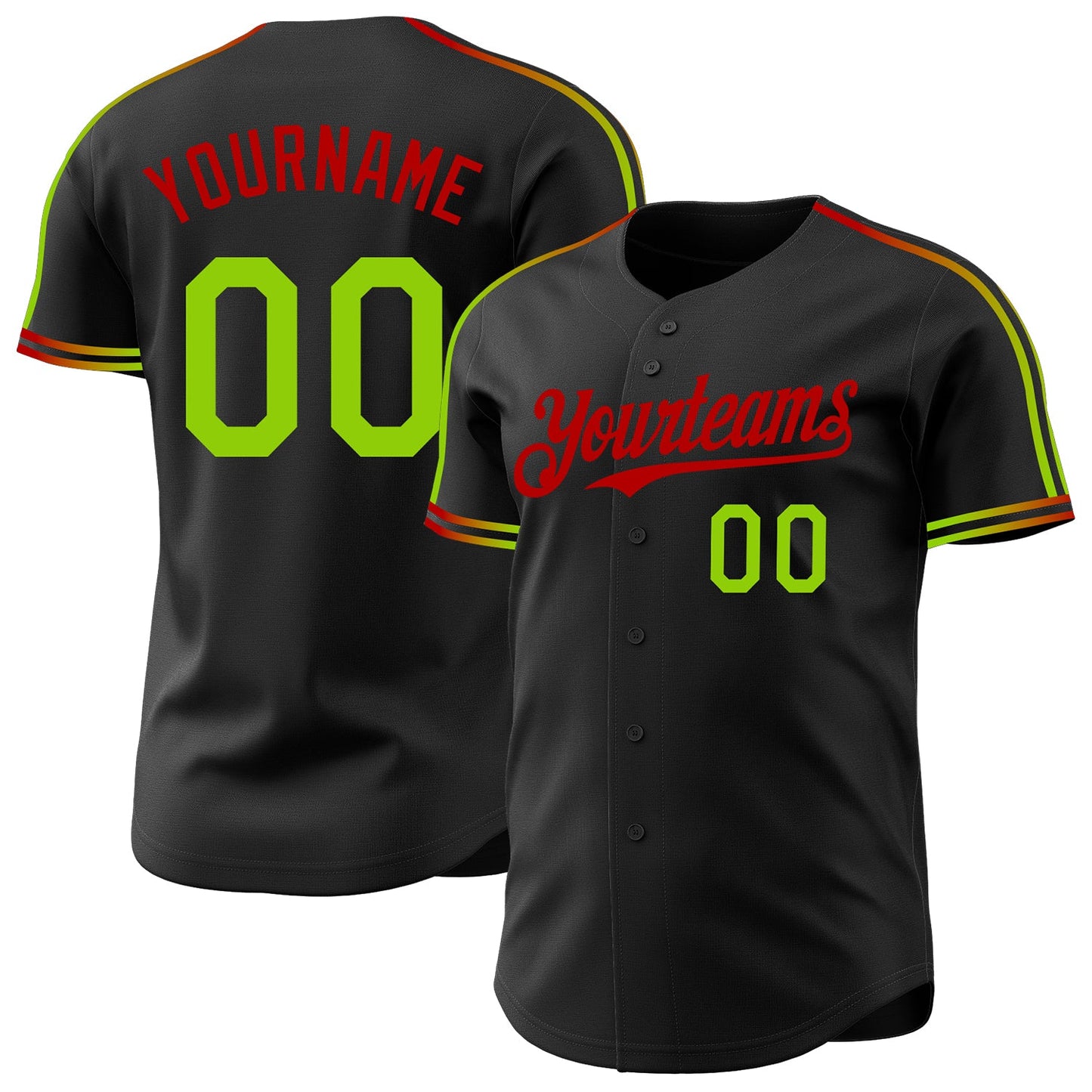 Custom Black Neon Green-Red Raglan Line Gradient Stripe Authentic Baseball Jersey - Main View