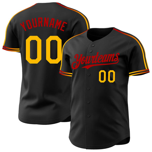 Custom Black Gold-Red Raglan Line Gradient Stripe Authentic Baseball Jersey - Main View