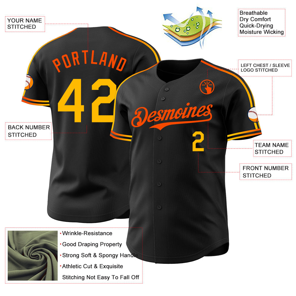 Custom Black Gold-Orange Raglan Line Gradient Stripe Authentic Baseball Jersey view 4