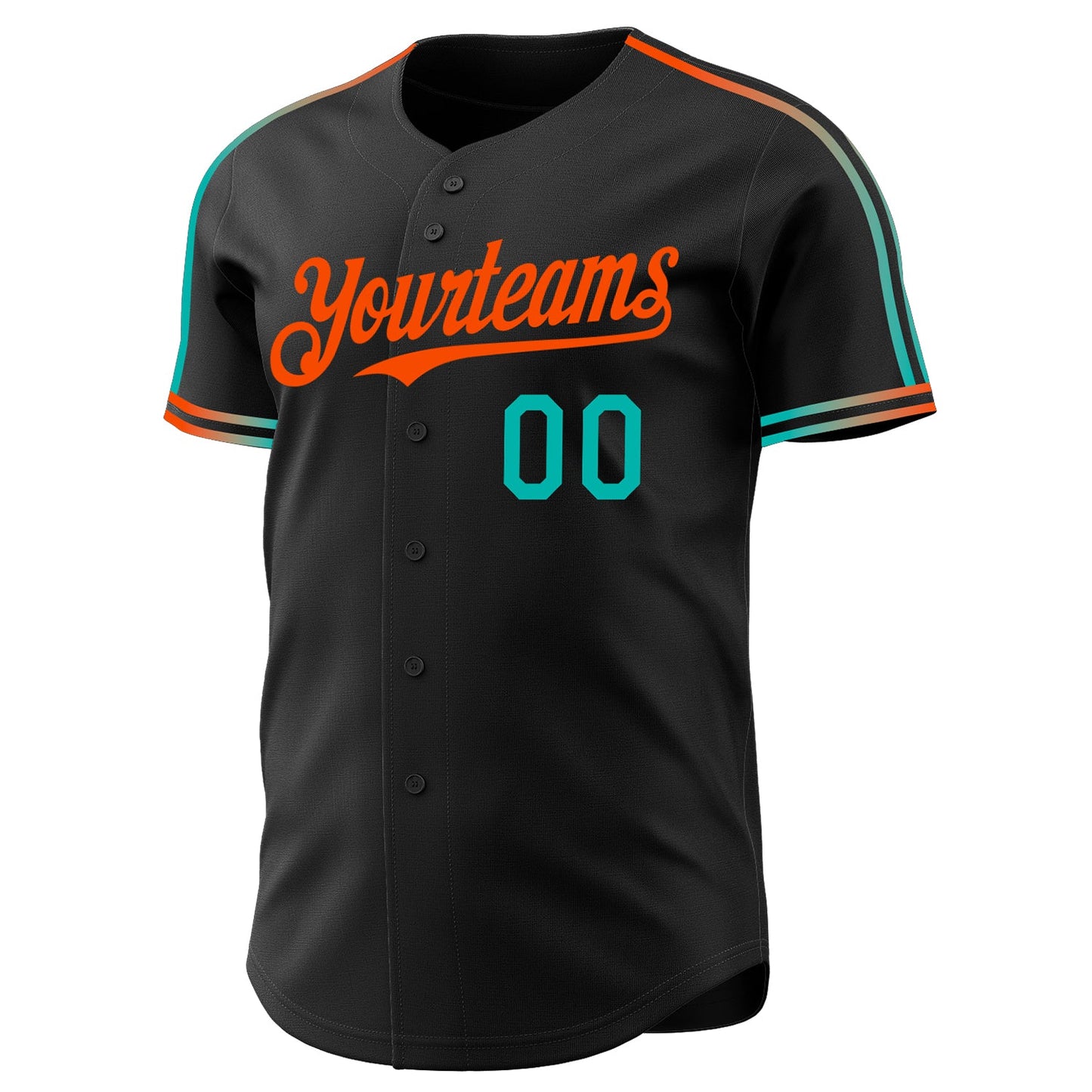 Custom Black Aqua-Orange Raglan Line Gradient Stripe Authentic Baseball Jersey view 3