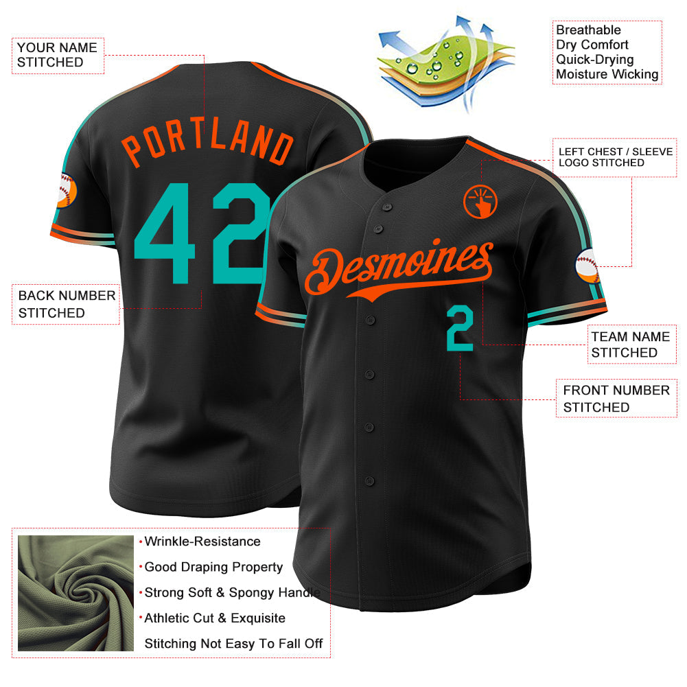 Custom Black Aqua-Orange Raglan Line Gradient Stripe Authentic Baseball Jersey view 4