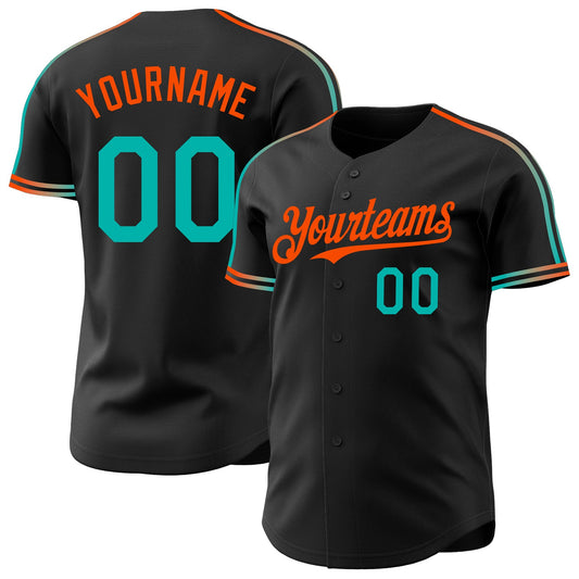 Custom Black Aqua-Orange Raglan Line Gradient Stripe Authentic Baseball Jersey - Main View