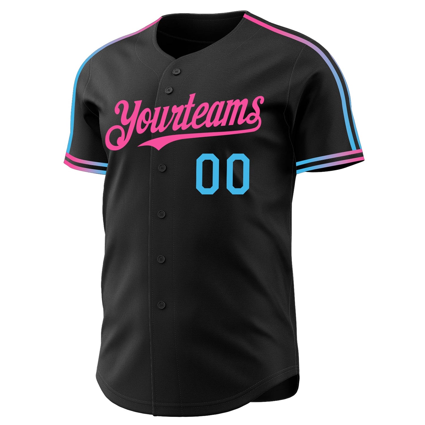 Custom Black Sky Blue-Pink Raglan Line Gradient Stripe Authentic Baseball Jersey view 3
