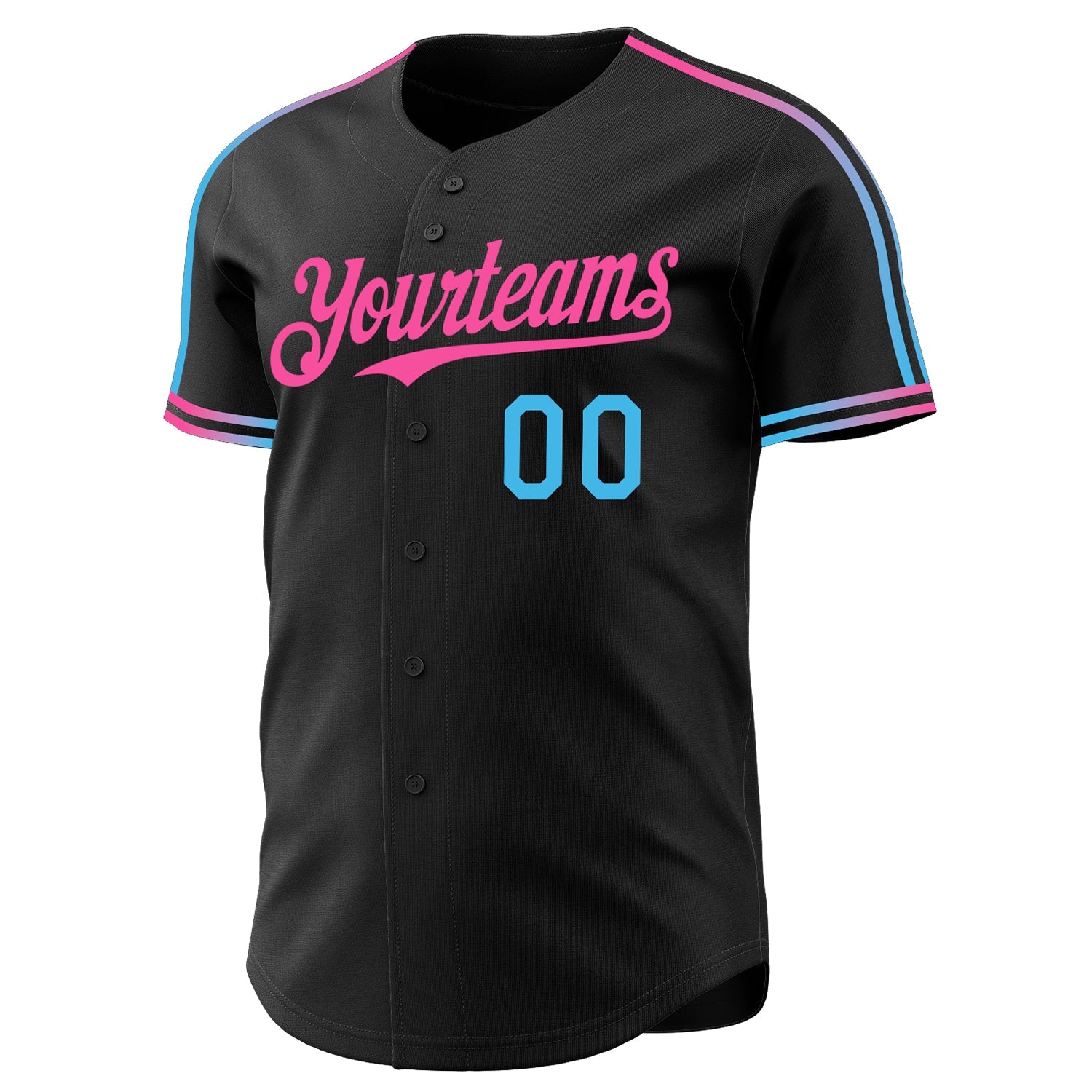 Custom Black Sky Blue-Pink Raglan Line Gradient Stripe Authentic Baseball Jersey view 3