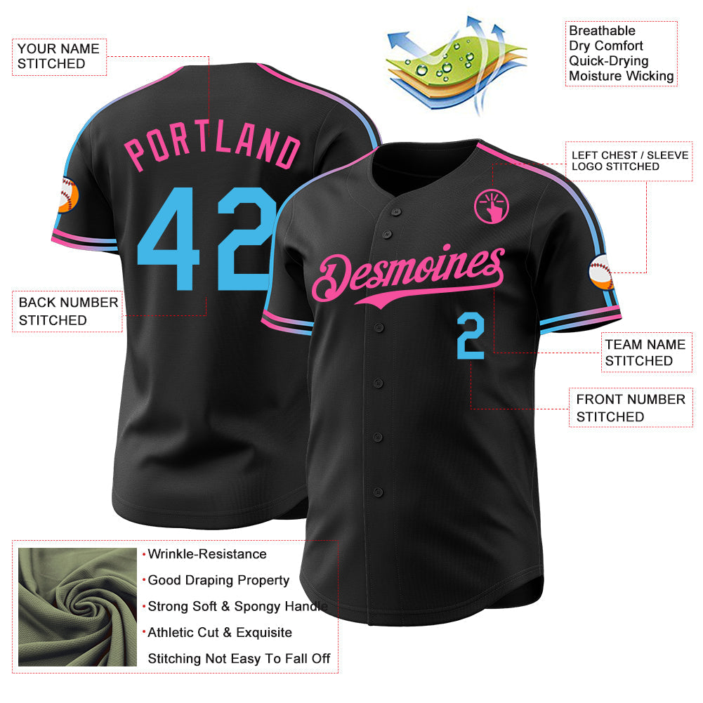 Custom Black Sky Blue-Pink Raglan Line Gradient Stripe Authentic Baseball Jersey view 4