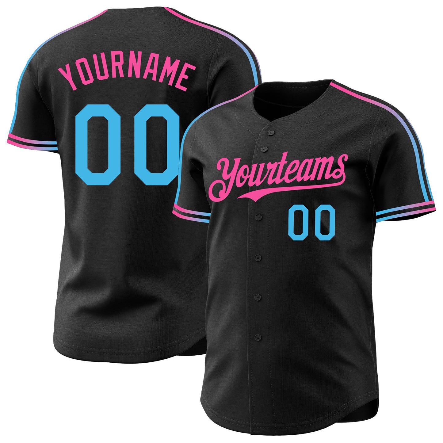 Custom Black Sky Blue-Pink Raglan Line Gradient Stripe Authentic Baseball Jersey - Main View