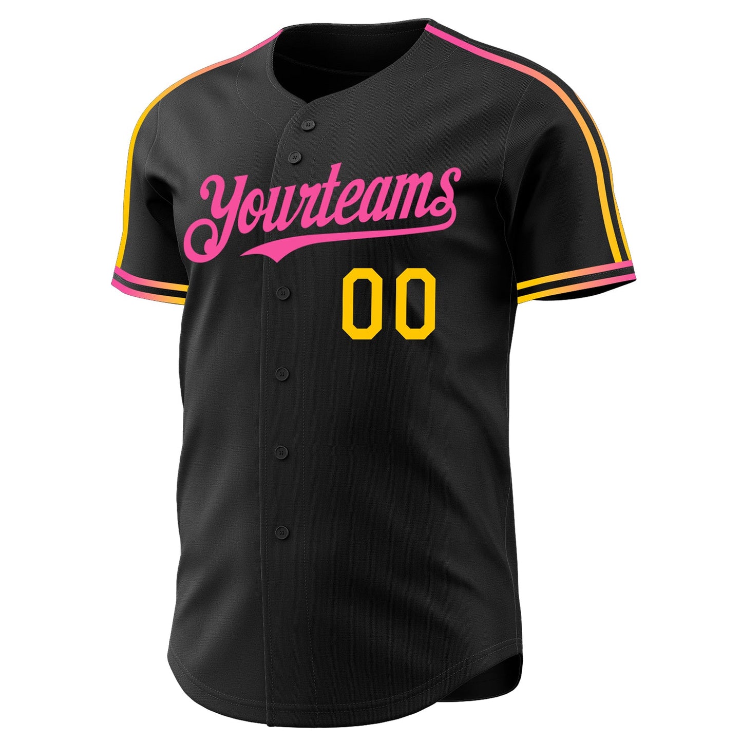 Custom Black Yellow-Pink Raglan Line Gradient Stripe Authentic Baseball Jersey view 3