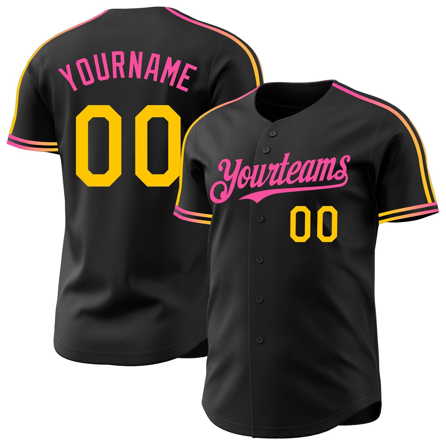 Custom Black Yellow-Pink Raglan Line Gradient Stripe Authentic Baseball Jersey - Main View