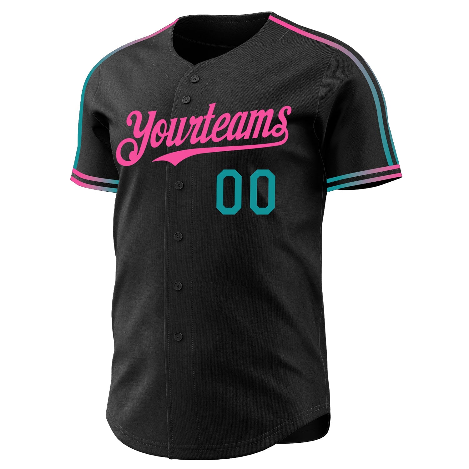 Custom Black Teal-Pink Raglan Line Gradient Stripe Authentic Baseball Jersey view 3