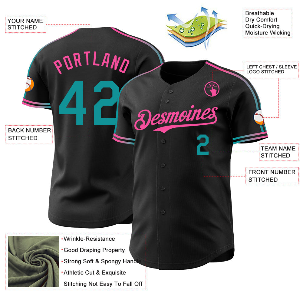 Custom Black Teal-Pink Raglan Line Gradient Stripe Authentic Baseball Jersey view 4
