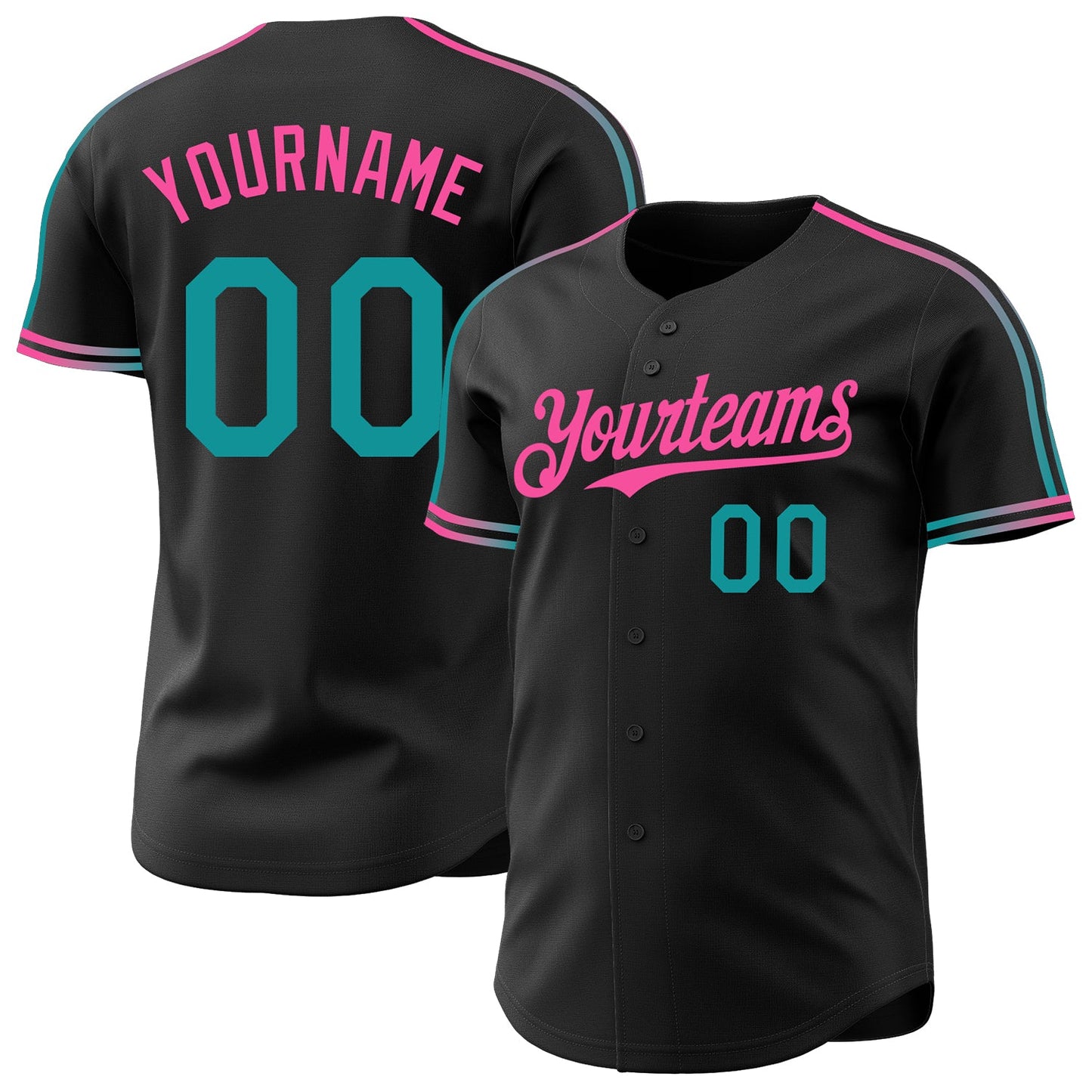 Custom Black Teal-Pink Raglan Line Gradient Stripe Authentic Baseball Jersey - Main View