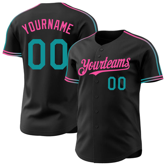 Custom Black Teal-Pink Raglan Line Gradient Stripe Authentic Baseball Jersey - Main View