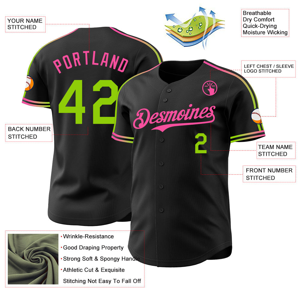 Custom Black Neon Green-Pink Raglan Line Gradient Stripe Authentic Baseball Jersey view 4