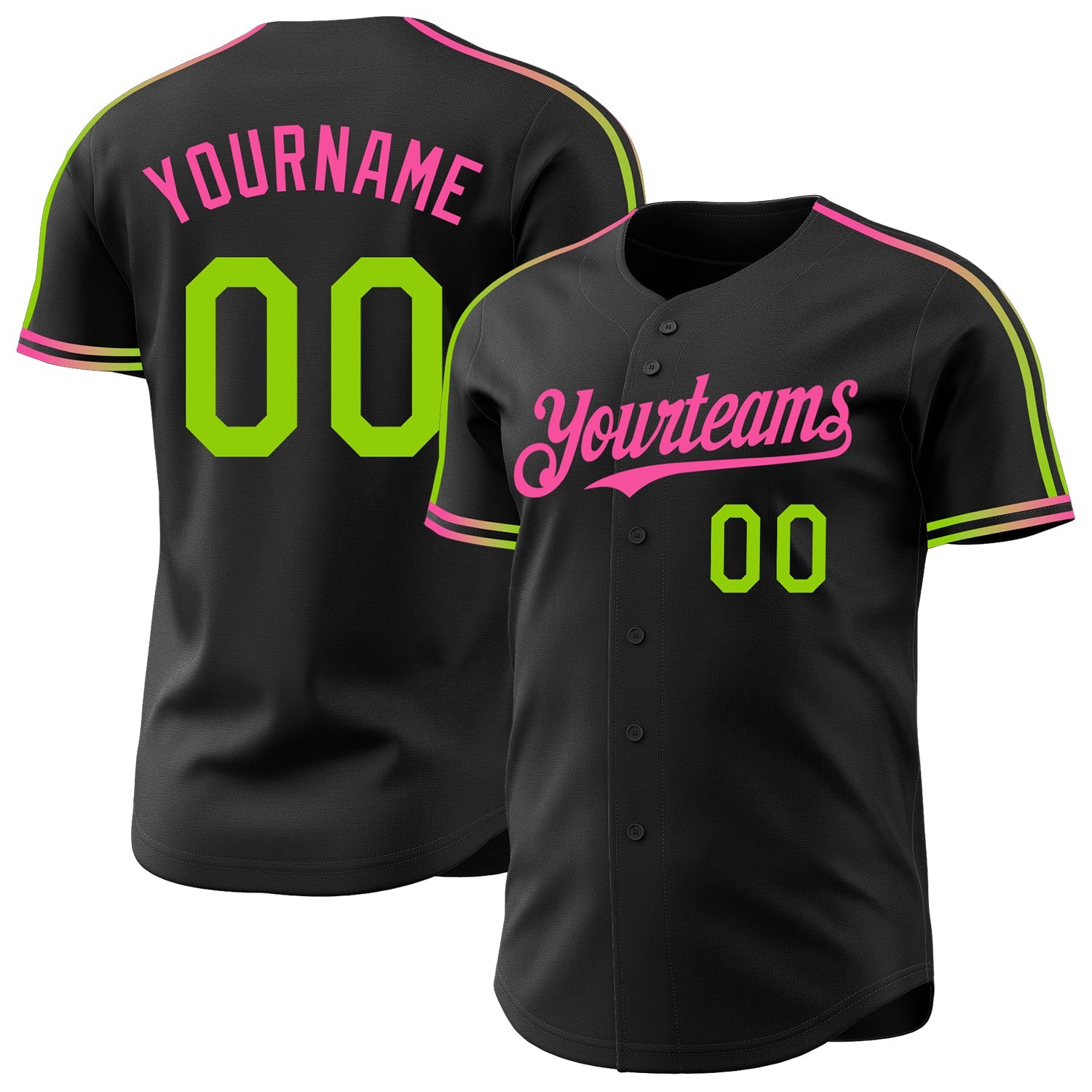 Custom Black Neon Green-Pink Raglan Line Gradient Stripe Authentic Baseball Jersey - Main View