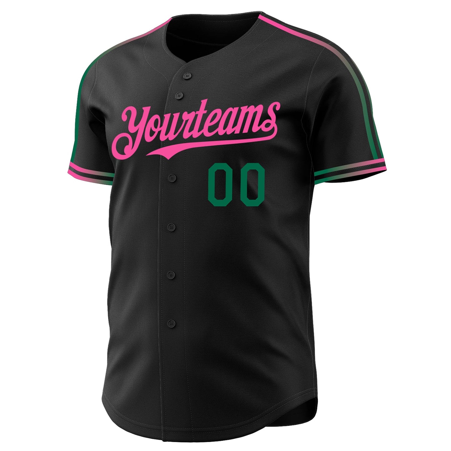 Custom Black Kelly Green-Pink Raglan Line Gradient Stripe Authentic Baseball Jersey view 3