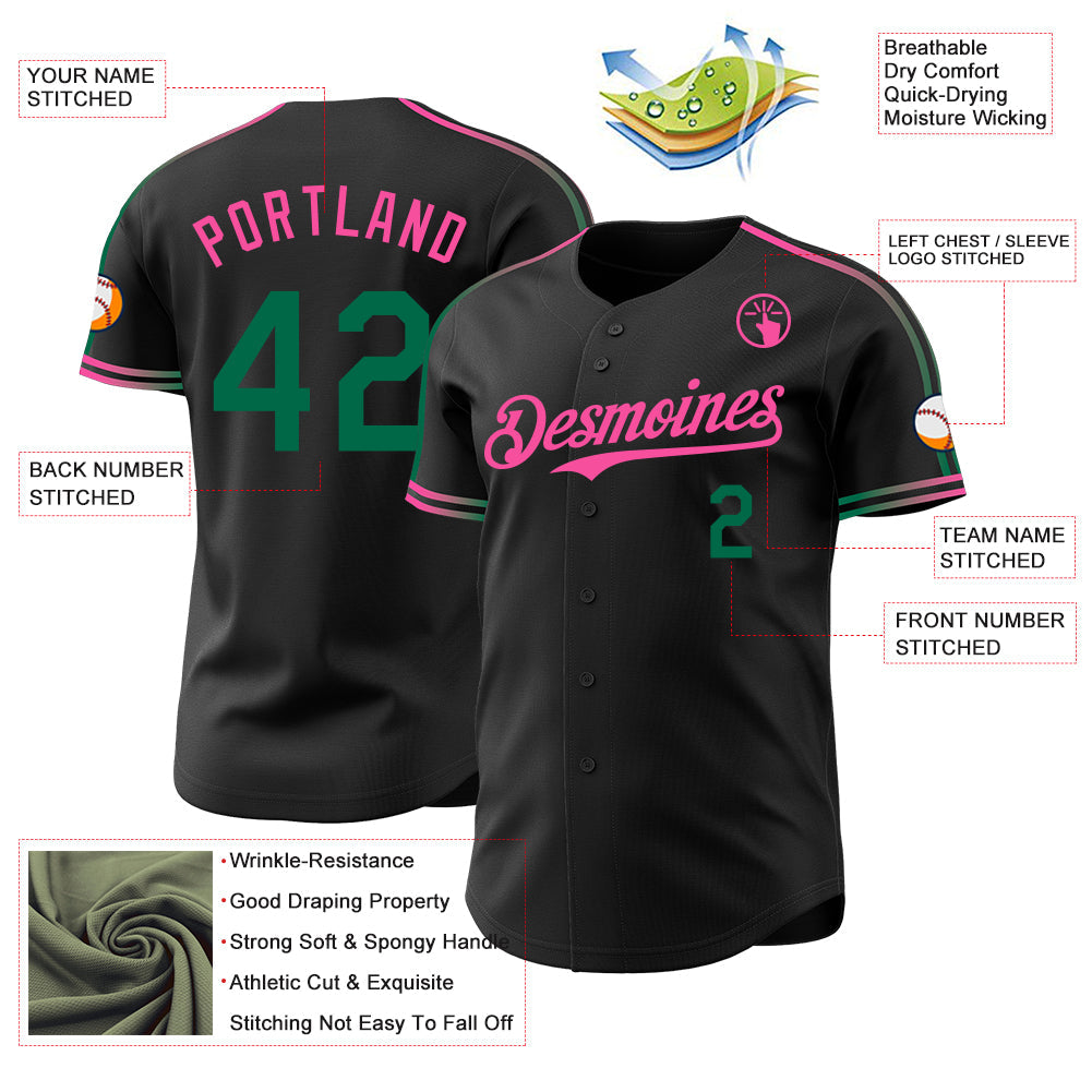 Custom Black Kelly Green-Pink Raglan Line Gradient Stripe Authentic Baseball Jersey view 4