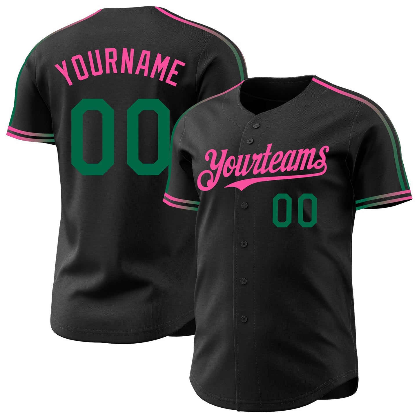 Custom Black Kelly Green-Pink Raglan Line Gradient Stripe Authentic Baseball Jersey - Main View
