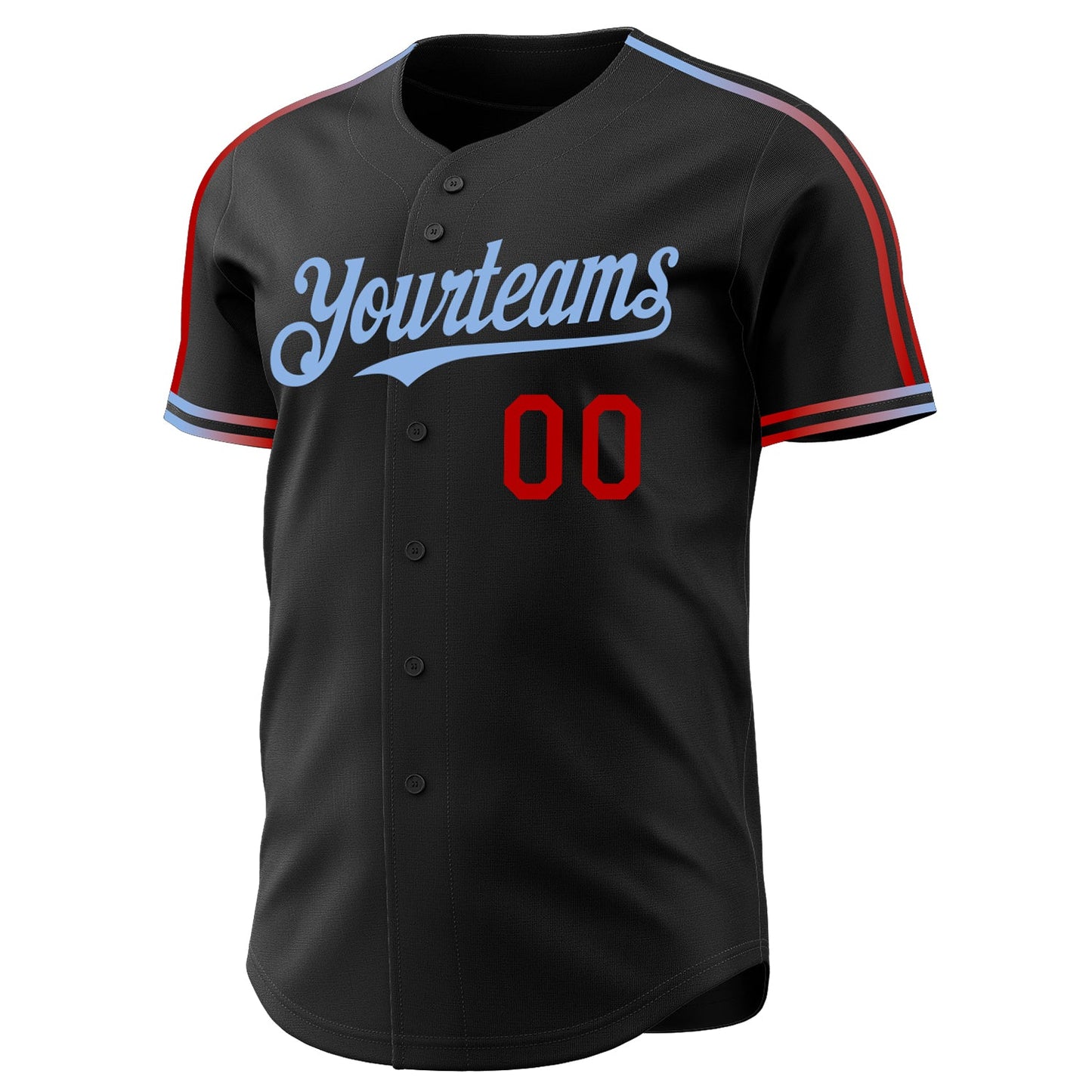 Custom Black Red-Light Blue Raglan Line Gradient Stripe Authentic Baseball Jersey view 3