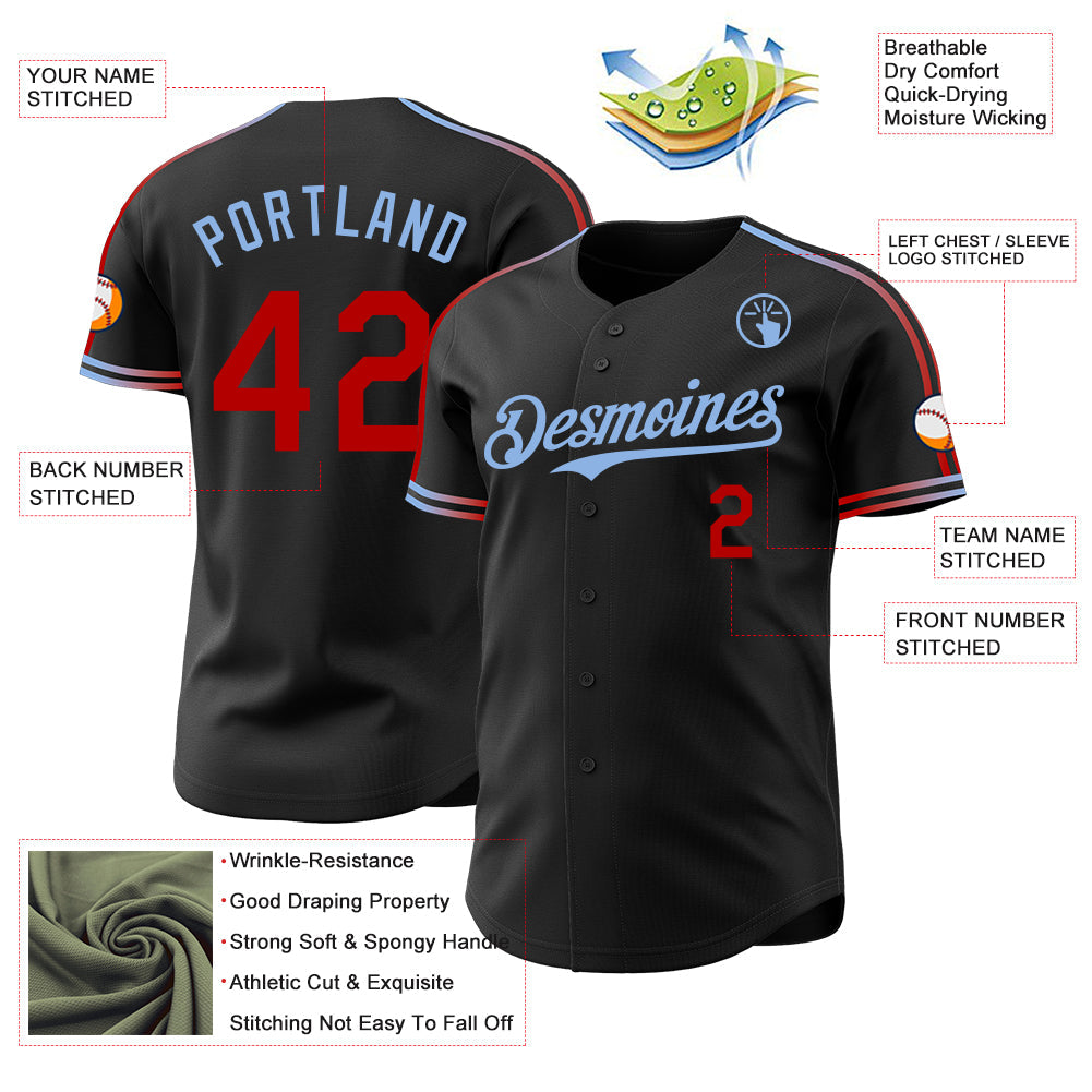 Custom Black Red-Light Blue Raglan Line Gradient Stripe Authentic Baseball Jersey view 4