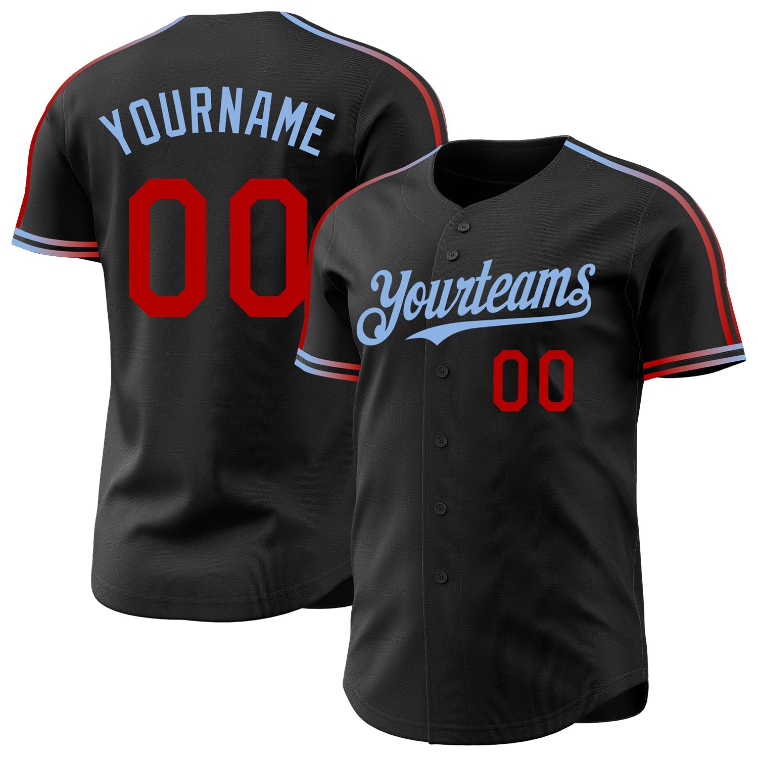 Custom Black Red-Light Blue Raglan Line Gradient Stripe Authentic Baseball Jersey - Main View