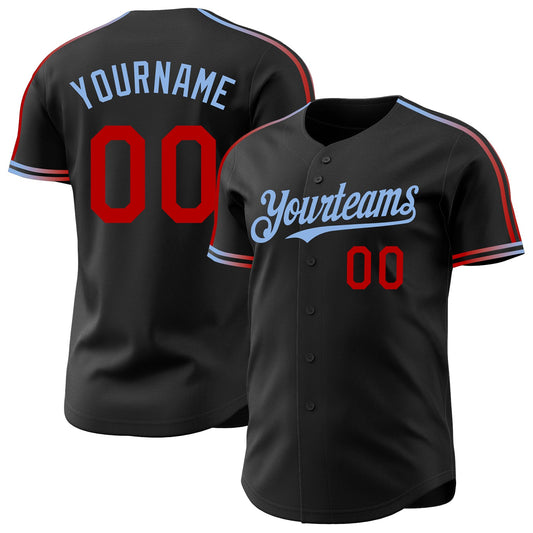 Custom Black Red-Light Blue Raglan Line Gradient Stripe Authentic Baseball Jersey - Main View