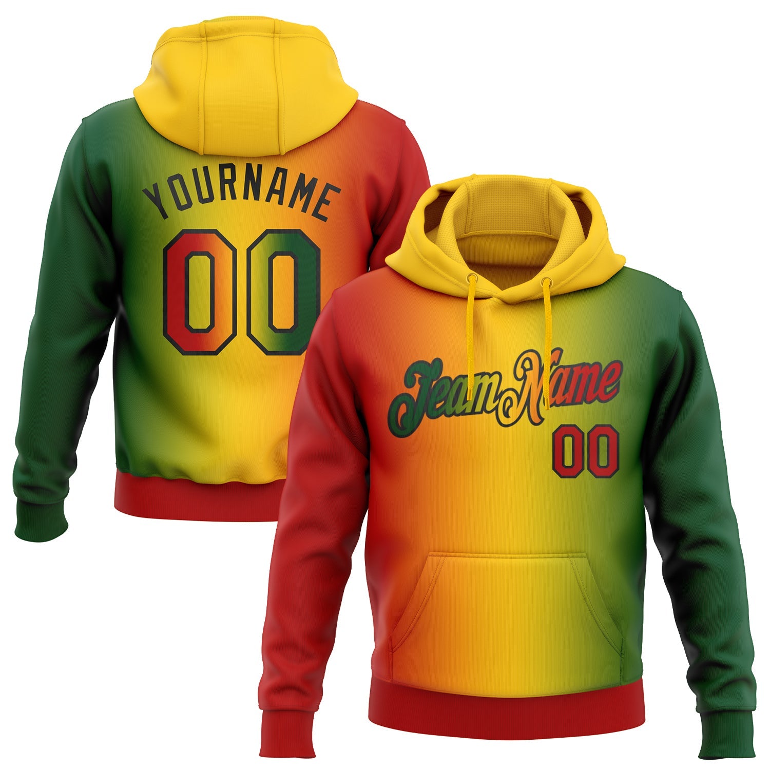 Custom Stitched Green Red Yellow-Black 3D Pattern Design Gradient Fashion Black History Month Sports Pullover Sweatshirt Hoodie - Main View
