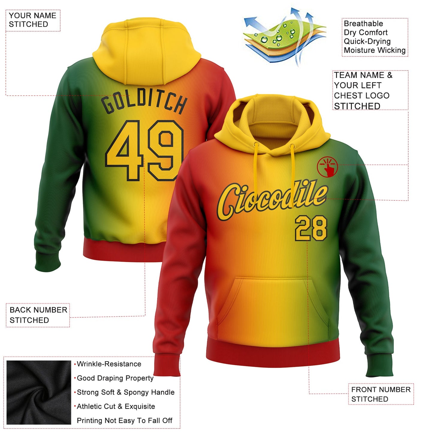 Custom Stitched Green Yellow Red-Black 3D Pattern Design Gradient Fashion Black History Month Sports Pullover Sweatshirt Hoodie view 2