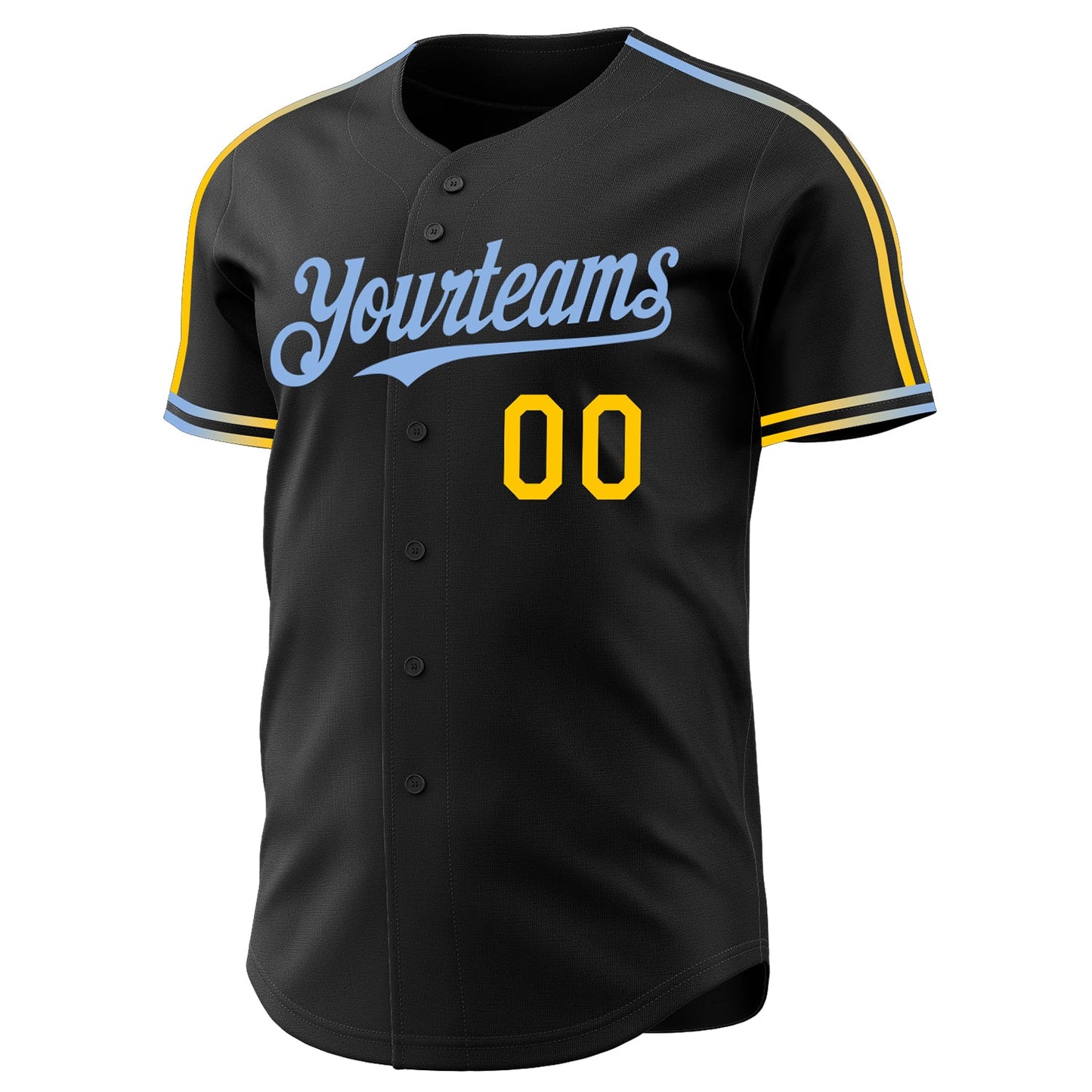 Custom Black Yellow-Light Blue Raglan Line Gradient Stripe Authentic Baseball Jersey view 3