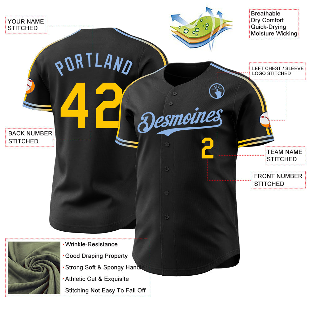Custom Black Yellow-Light Blue Raglan Line Gradient Stripe Authentic Baseball Jersey view 4