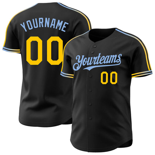 Custom Black Yellow-Light Blue Raglan Line Gradient Stripe Authentic Baseball Jersey - Main View