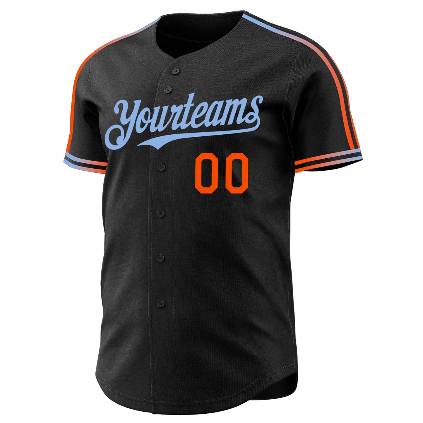 Custom Black Orange-Light Blue Raglan Line Gradient Stripe Authentic Baseball Jersey view 3