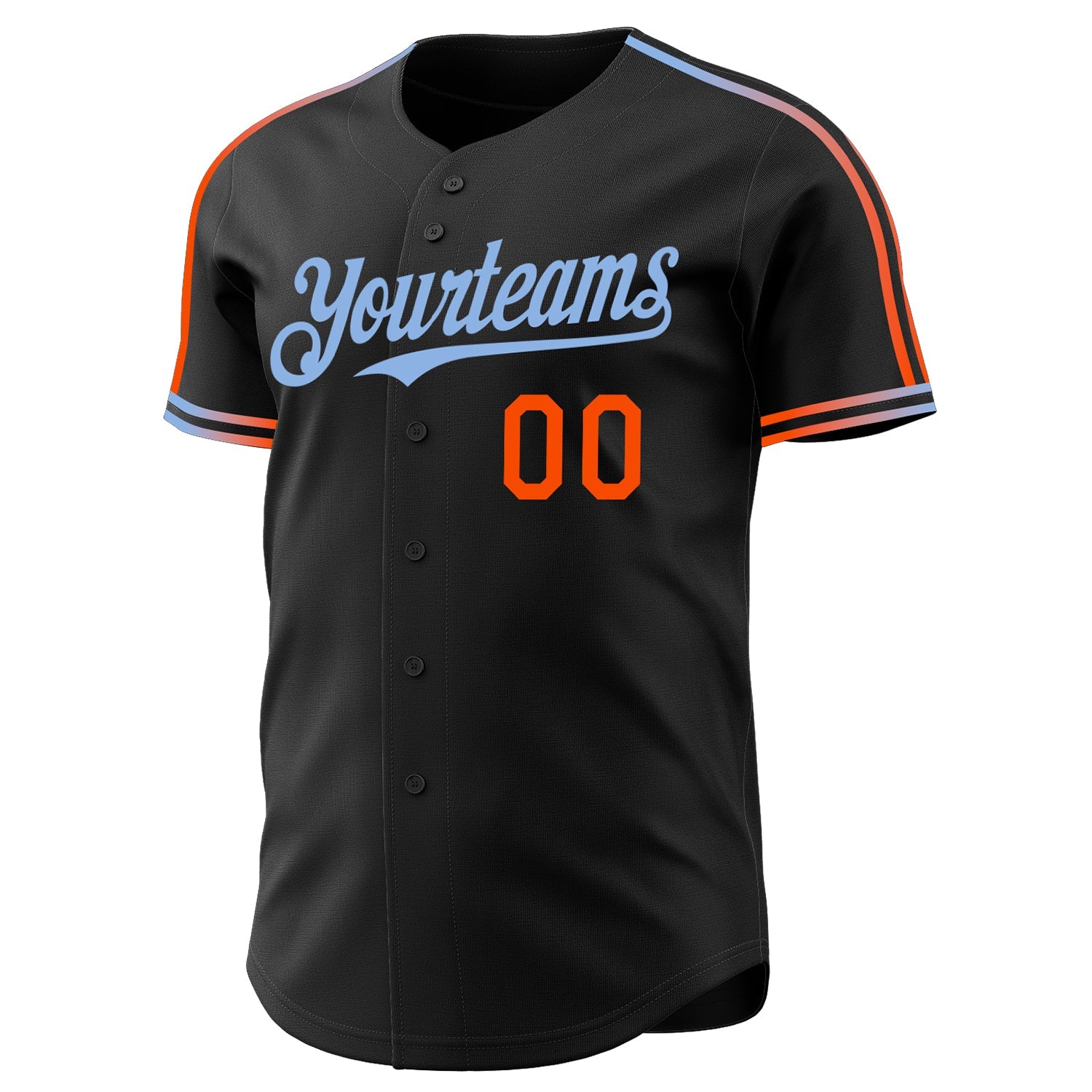 Custom Black Orange-Light Blue Raglan Line Gradient Stripe Authentic Baseball Jersey view 3