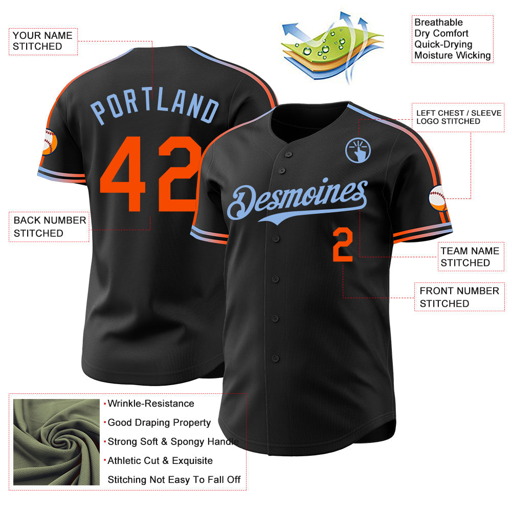 Custom Black Orange-Light Blue Raglan Line Gradient Stripe Authentic Baseball Jersey view 4