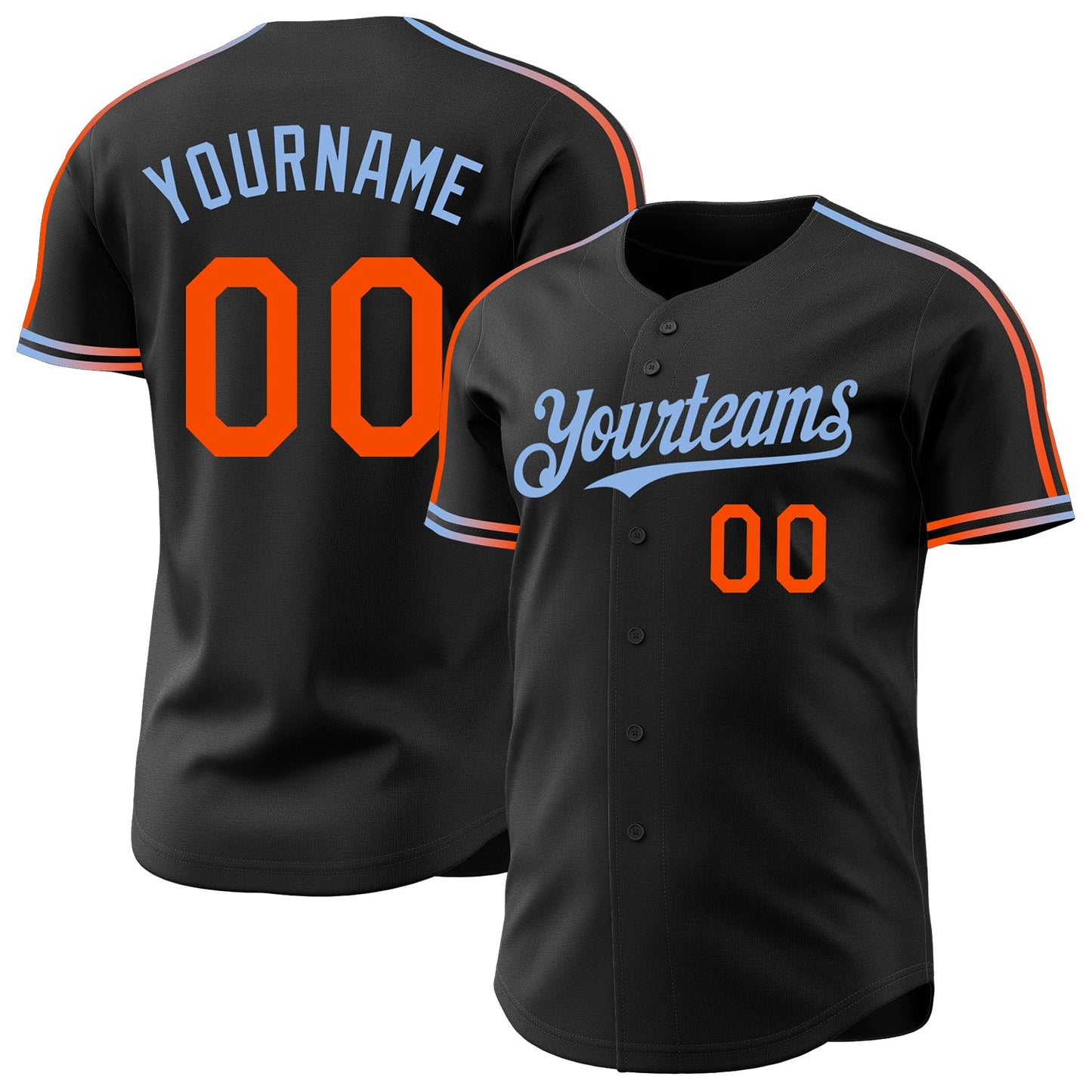 Custom Black Orange-Light Blue Raglan Line Gradient Stripe Authentic Baseball Jersey - Main View