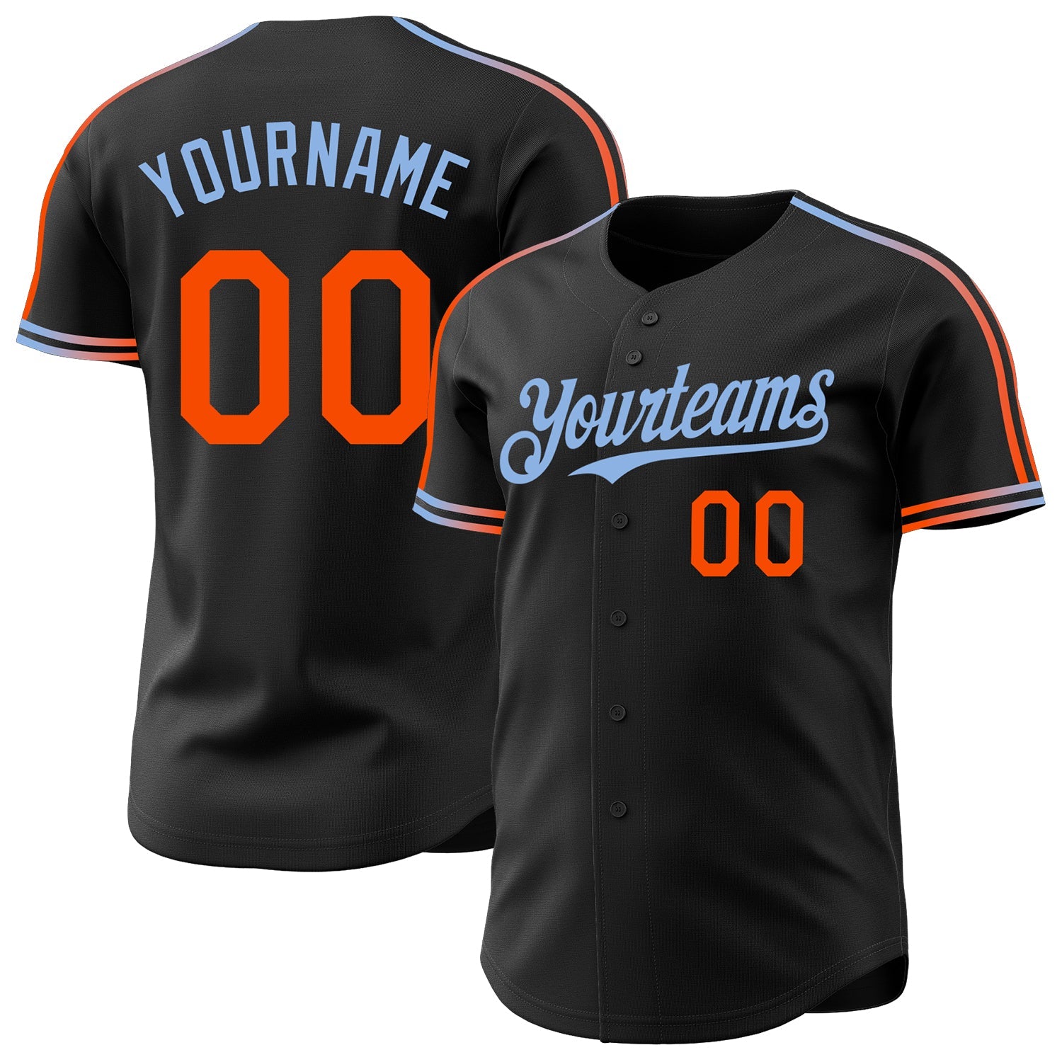 Custom Black Orange-Light Blue Raglan Line Gradient Stripe Authentic Baseball Jersey - Main View