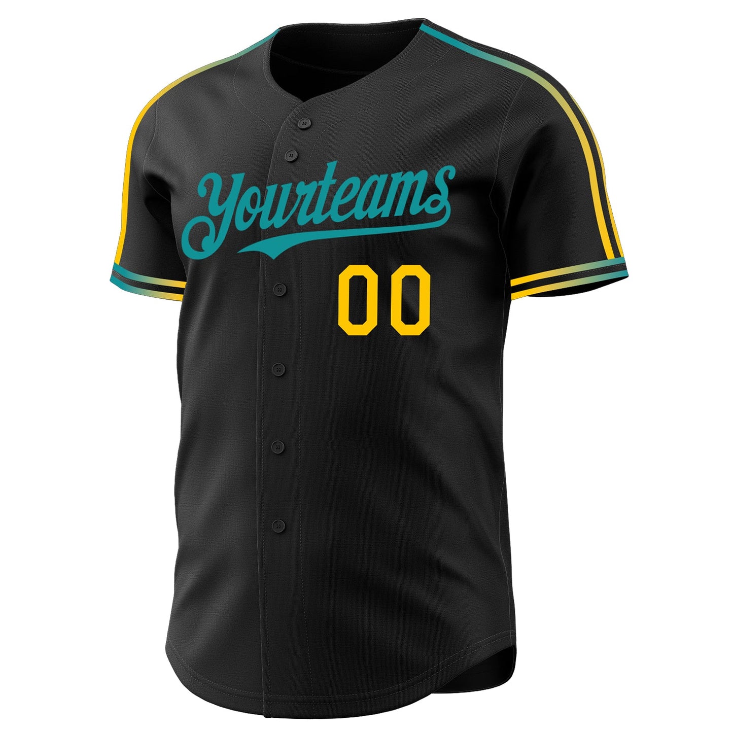 Custom Black Yellow-Teal Raglan Line Gradient Stripe Authentic Baseball Jersey view 3