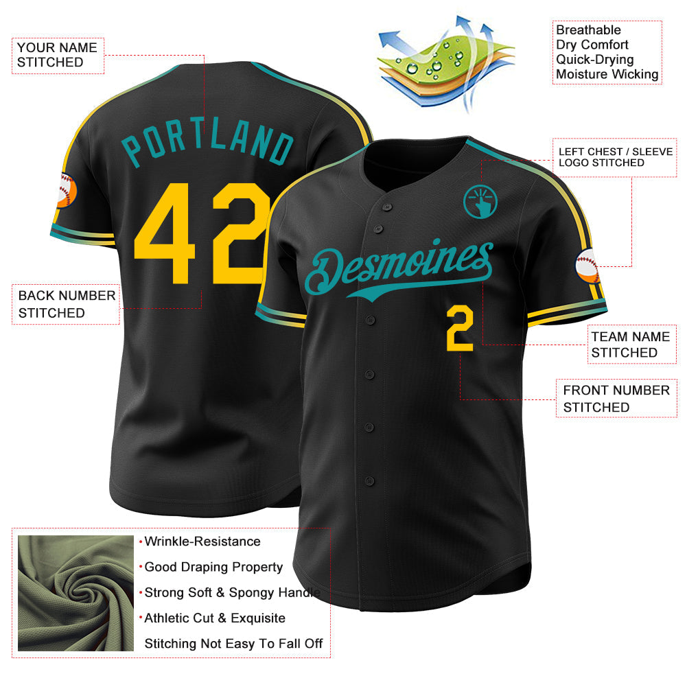 Custom Black Yellow-Teal Raglan Line Gradient Stripe Authentic Baseball Jersey view 4