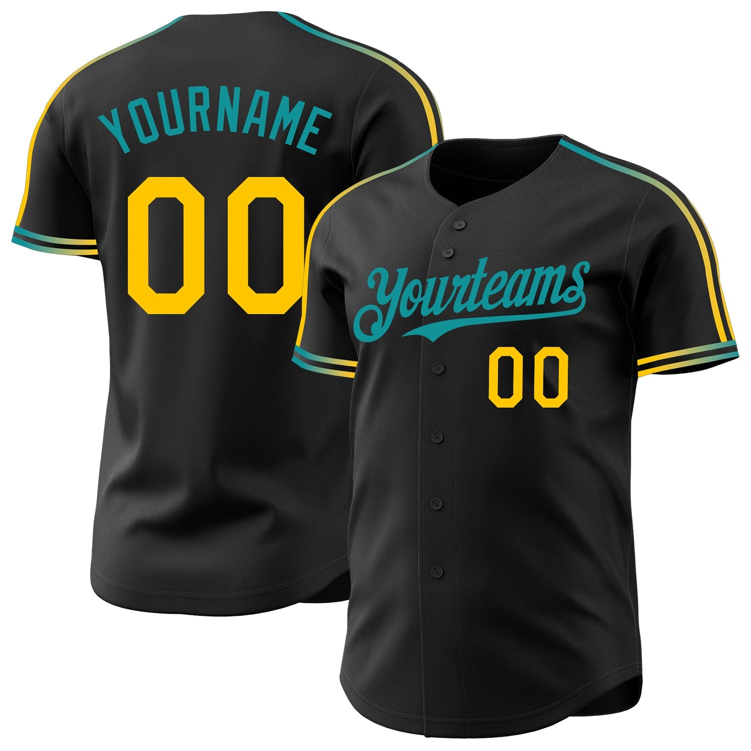 Custom Black Yellow-Teal Raglan Line Gradient Stripe Authentic Baseball Jersey - Main View