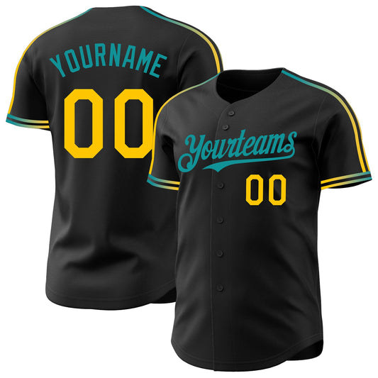 Custom Black Yellow-Teal Raglan Line Gradient Stripe Authentic Baseball Jersey - Main View