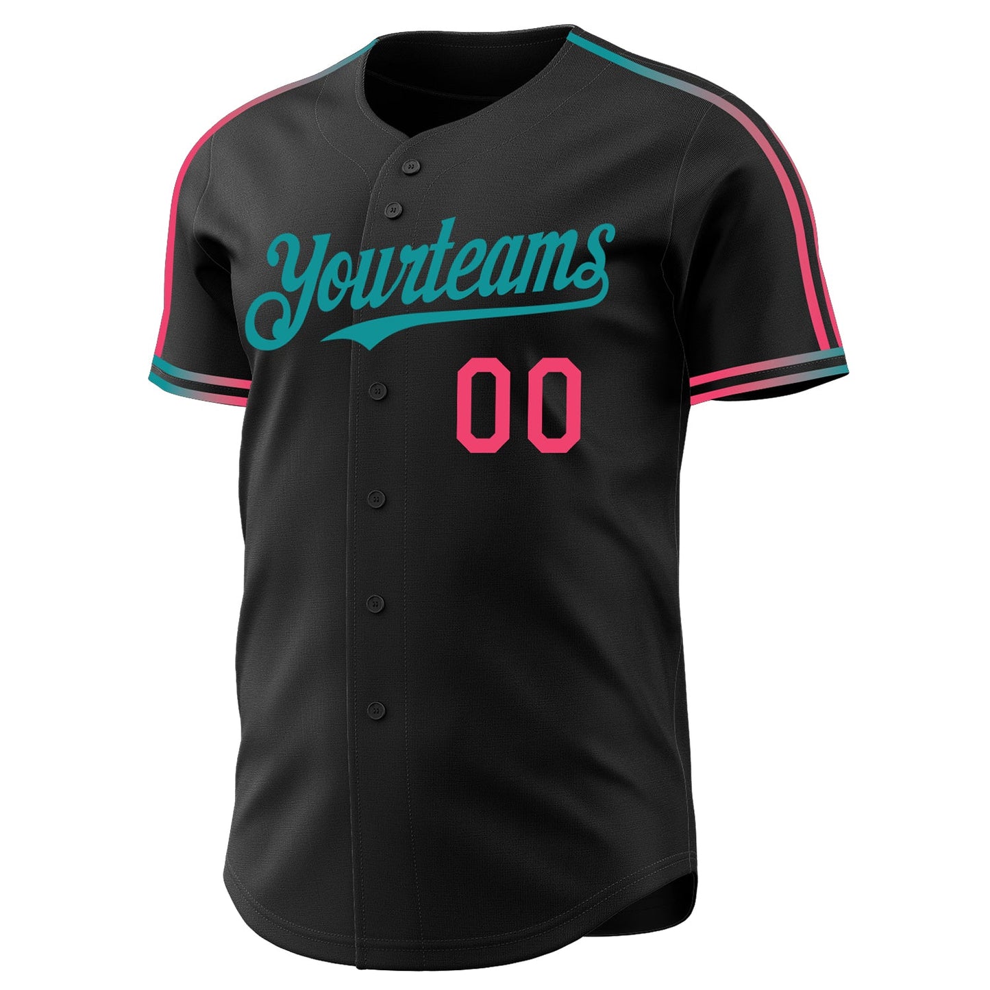 Custom Black Neon Pink-Teal Raglan Line Gradient Stripe Authentic Baseball Jersey view 3