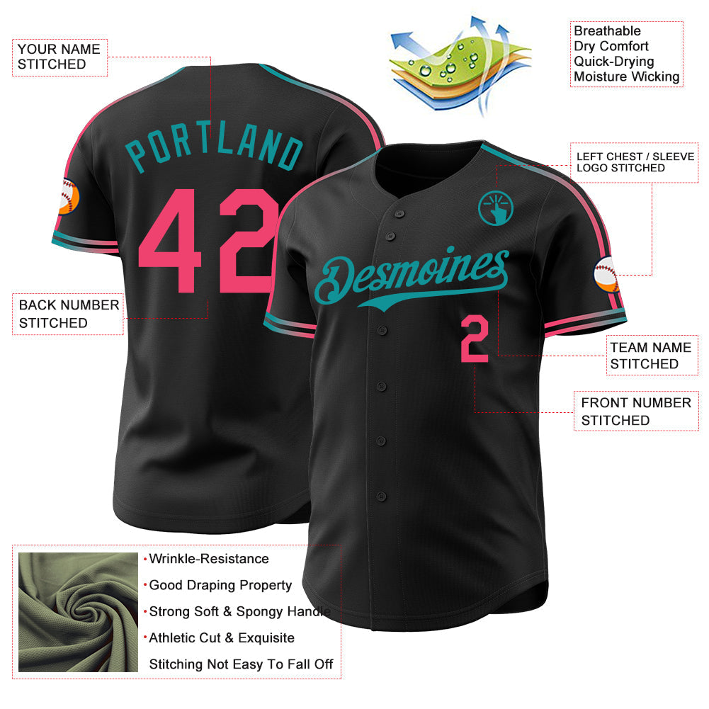 Custom Black Neon Pink-Teal Raglan Line Gradient Stripe Authentic Baseball Jersey view 4