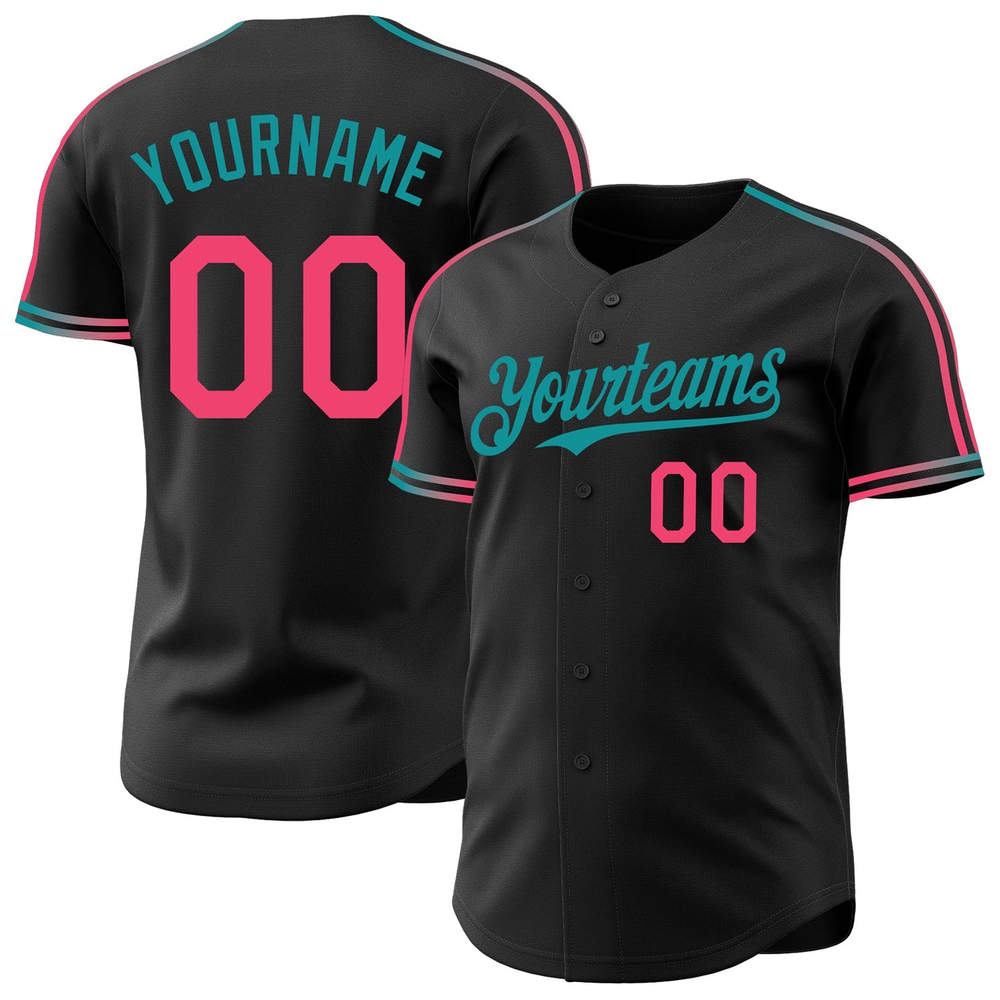 Custom Black Neon Pink-Teal Raglan Line Gradient Stripe Authentic Baseball Jersey - Main View