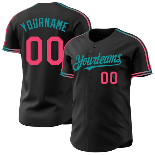 Custom Black Neon Pink-Teal Raglan Line Gradient Stripe Authentic Baseball Jersey - Main View