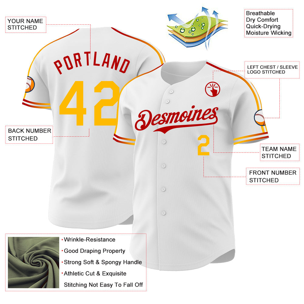 Custom White Gold-Red Raglan Line Gradient Stripe Authentic Baseball Jersey view 4