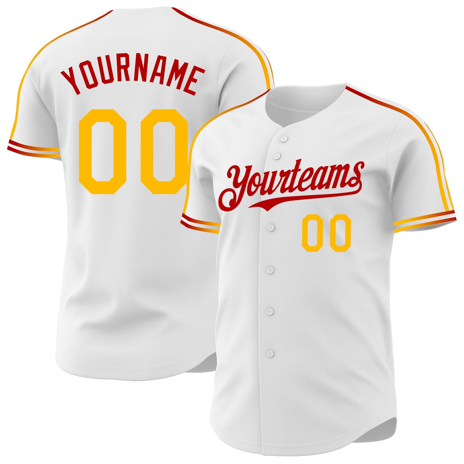 Custom White Gold-Red Raglan Line Gradient Stripe Authentic Baseball Jersey - Main View