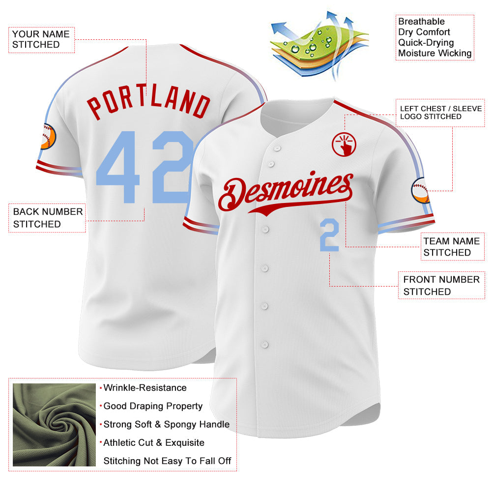 Custom White Light Blue-Red Raglan Line Gradient Stripe Authentic Baseball Jersey view 4