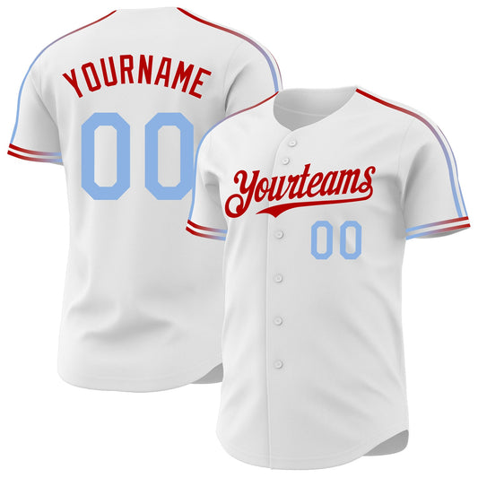Custom White Light Blue-Red Raglan Line Gradient Stripe Authentic Baseball Jersey - Main View