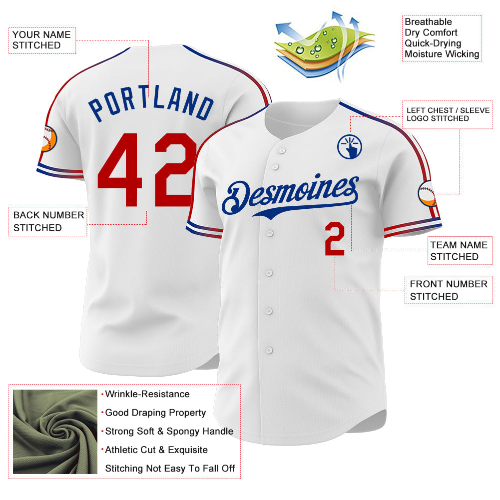 Custom White Red-Royal Raglan Line Gradient Stripe Authentic Baseball Jersey view 4